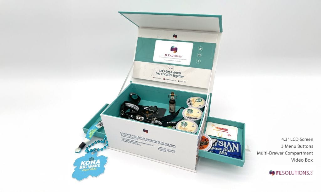 FL Solutions multi-drawer compartment video box with 4.3 inch LCD screen filled with promotional products
