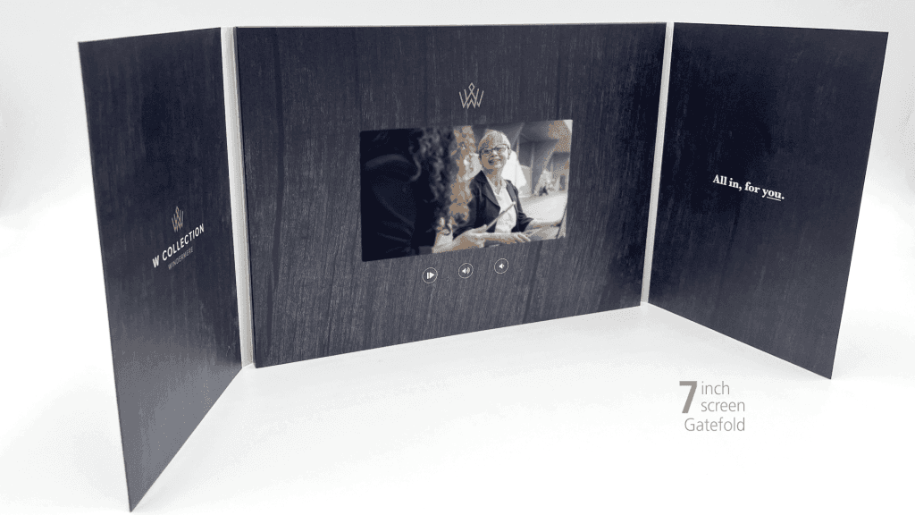 Elegant 7-inch screen gatefold video brochure from the W Collection, displaying an interactive video.