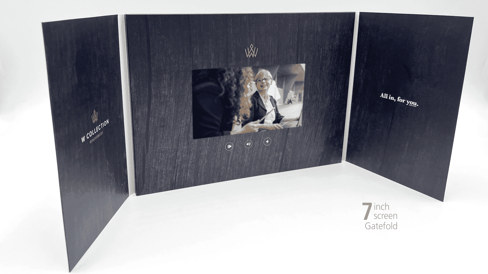 Elegant 7-inch screen gatefold video brochure from the W Collection, displaying an interactive video.
