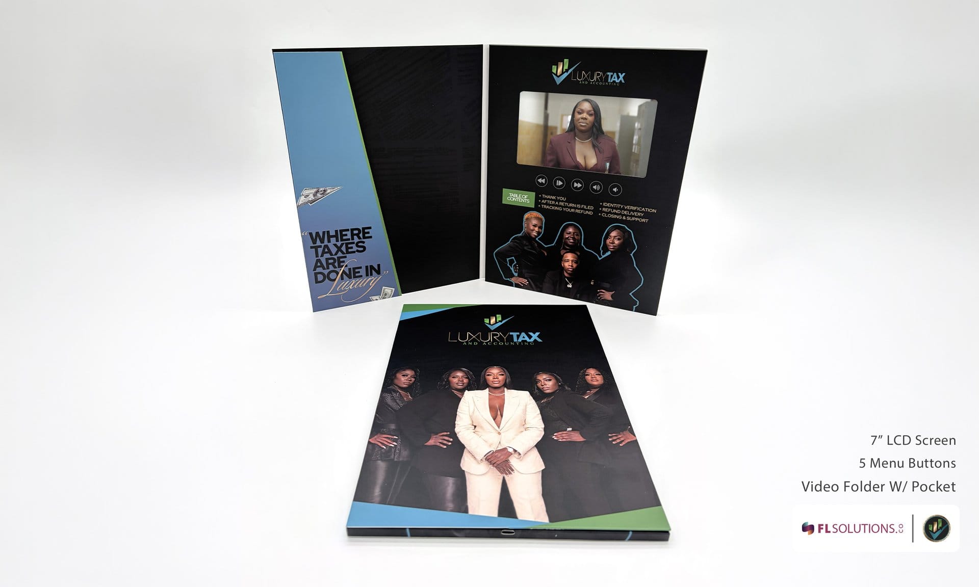 Custom 7-inch LCD screen video brochure for Luxury Tax by FL Solutions
