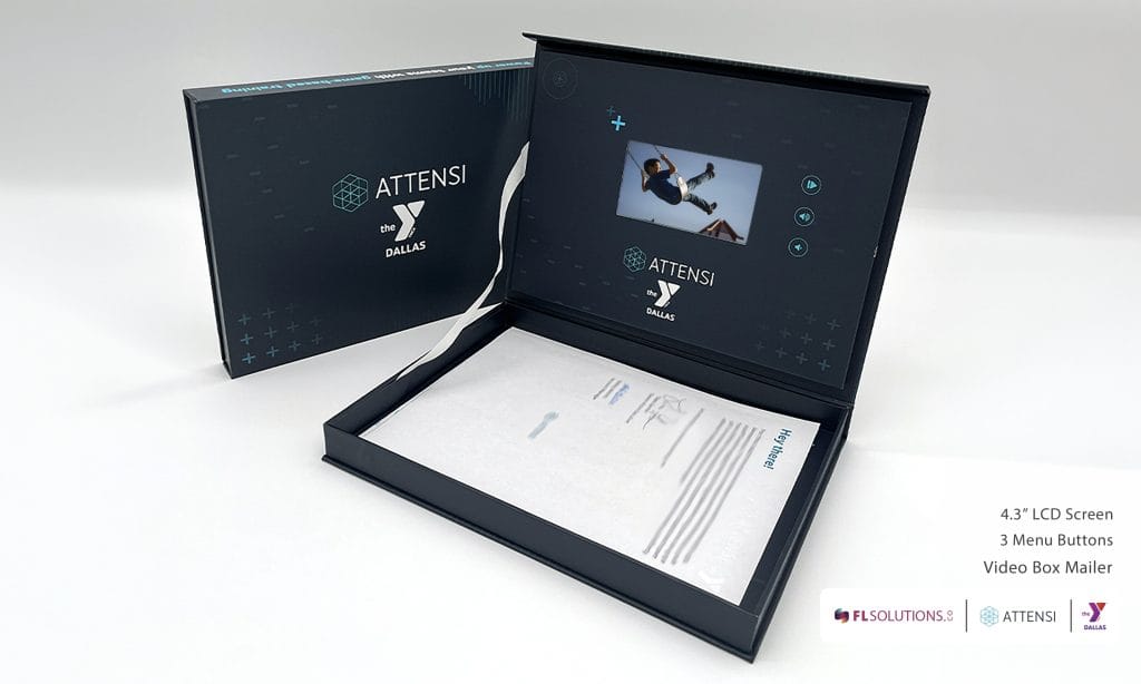 YMCA Dallas and Attensi video box mailer with 4.3 inch LCD screen by FL Solutions